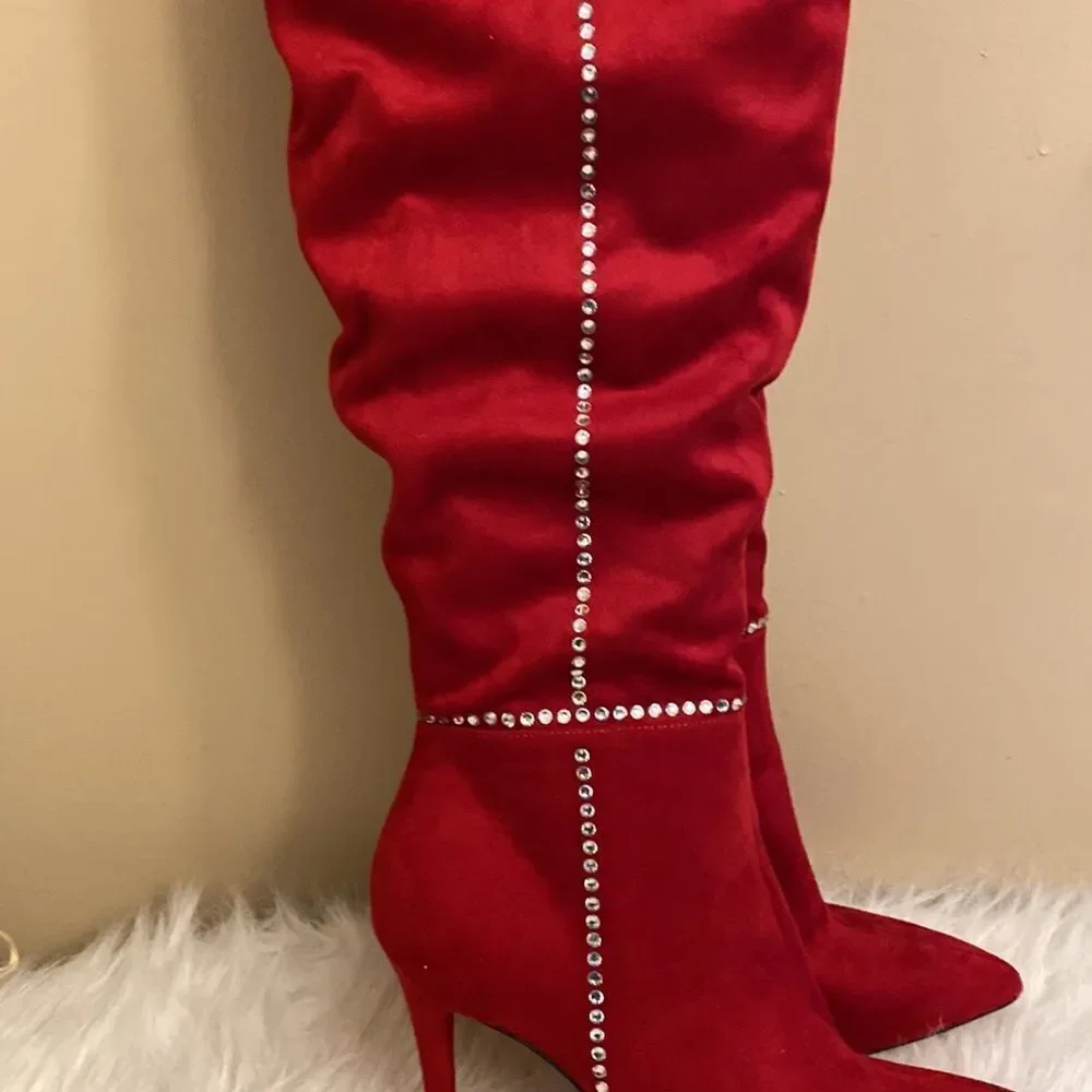NWOT Jessica Simpson Women's Red Studded Pointed Toe Over Knee Boots Size: 9